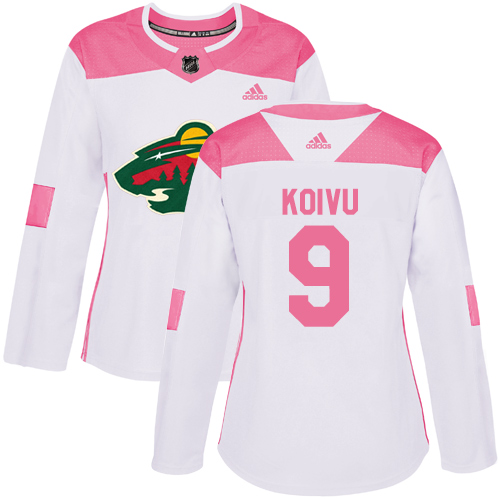 Adidas Wild #9 Mikko Koivu White/Pink Authentic Fashion Women's Stitched NHL Jersey - Click Image to Close